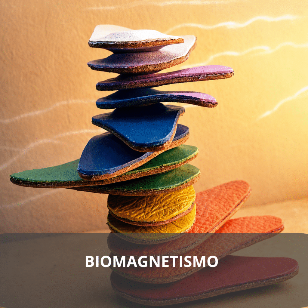 Imanes de distintos colores apilados, con el texto Biomagnetismo