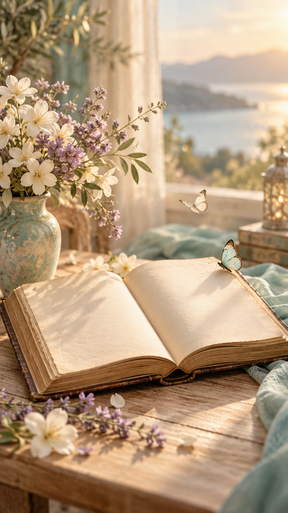 Libro abierto con flores y mariposas junto a una ventana iluminada.