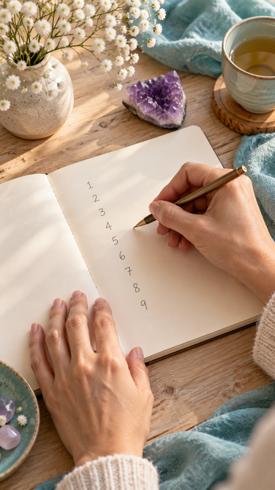 Manos escribiendo los números del uno al nueve en un cuaderno junto a flores y una amatista.
