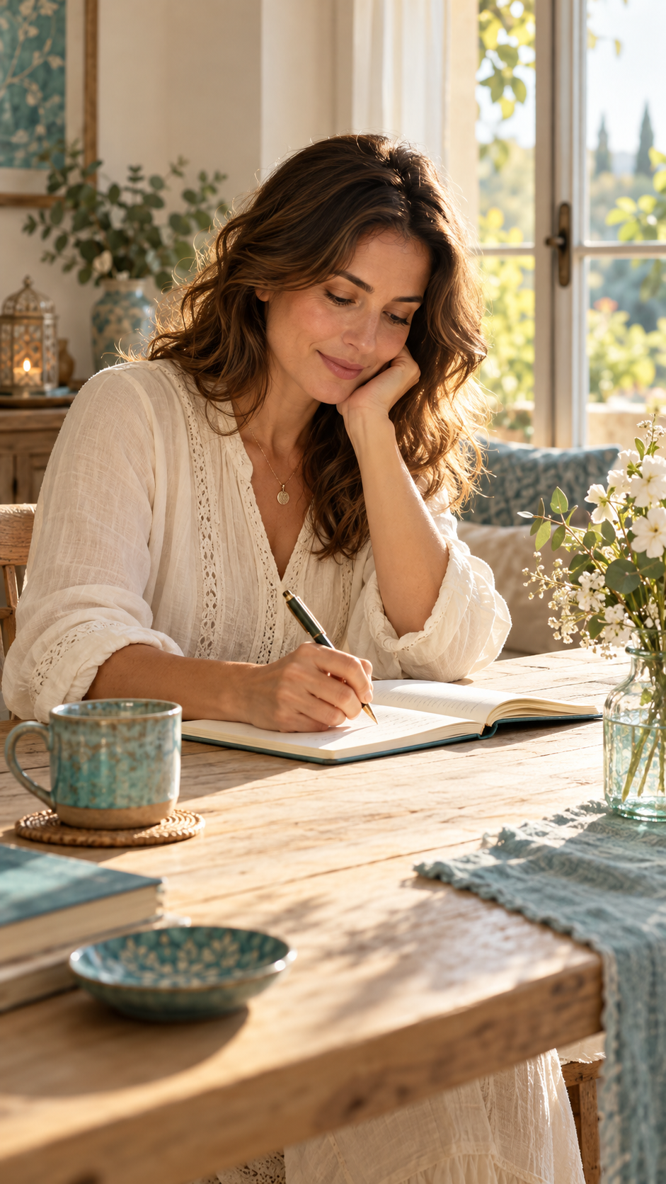 Mujer escribiendo en un cuaderno junto a una ventana con luz natural.