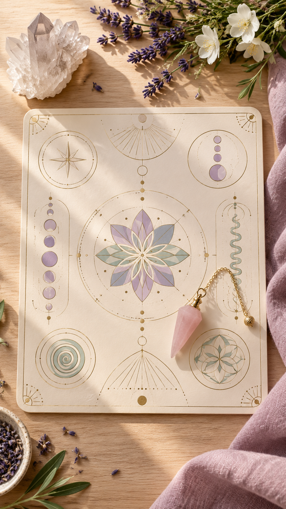 Tablero con figuras geométricas y un péndulo rosado, acompañado de cuarzo, lavanda y flores blancas.