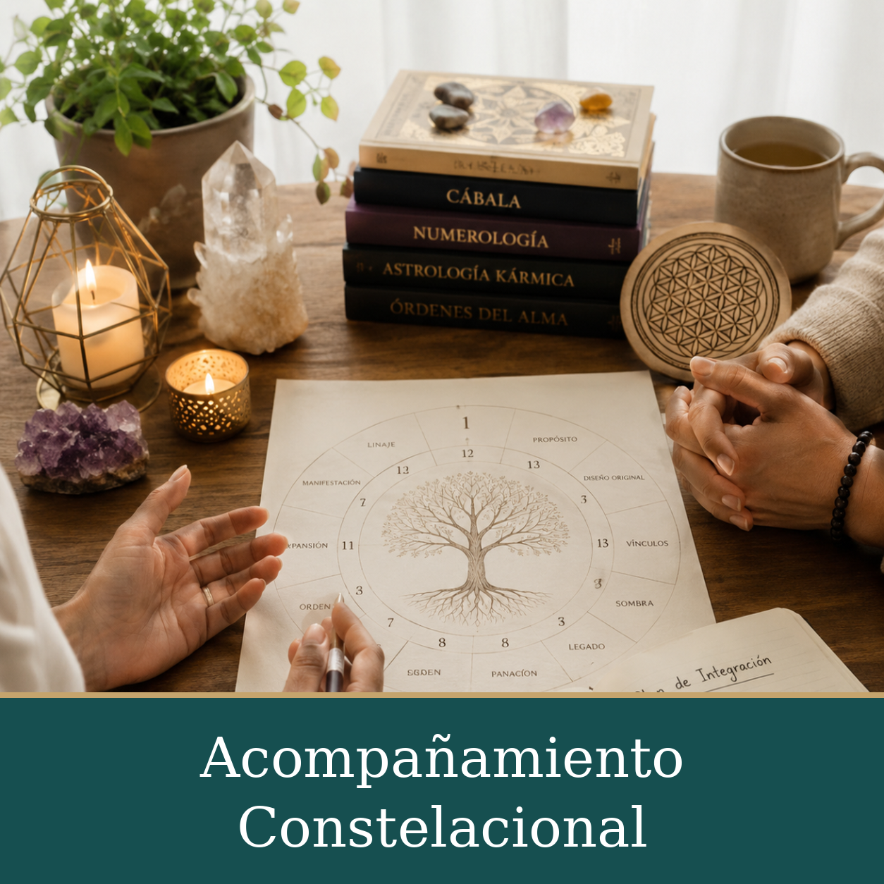 Dos personas conversando frente a una mesa con un esquema de árbol, libros y un cuaderno.