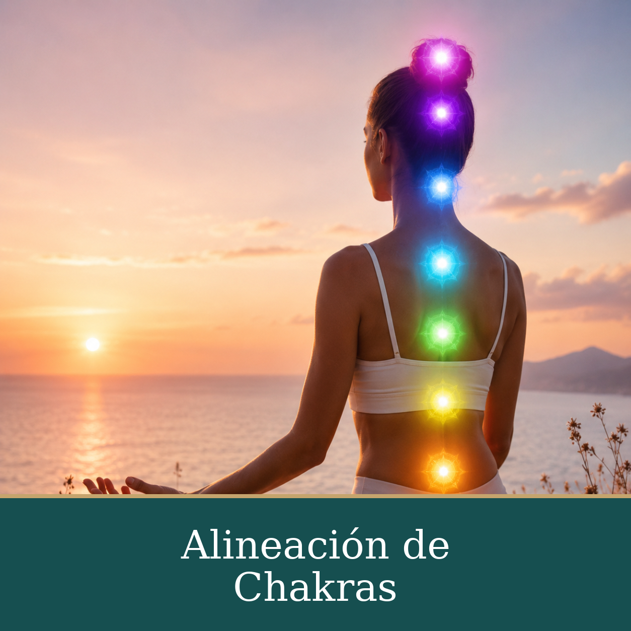 Mujer meditando frente al mar al atardecer, con luces de colores que representan simbólicamente los chakras.