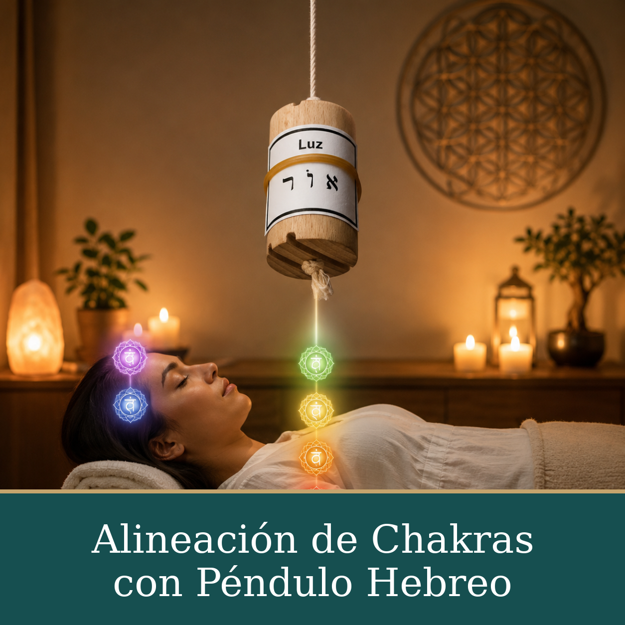 Representación simbólica de alineación de chakras con un péndulo hebreo de madera sobre una mujer recostada.