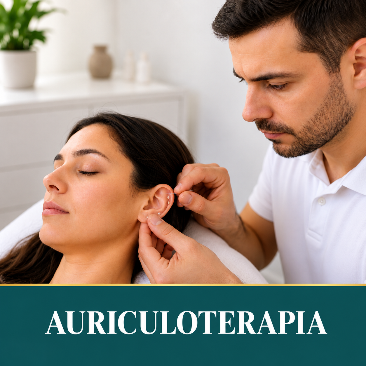Sesión de auriculoterapia en la que un terapeuta aplica pequeñas agujas en la oreja de una paciente.