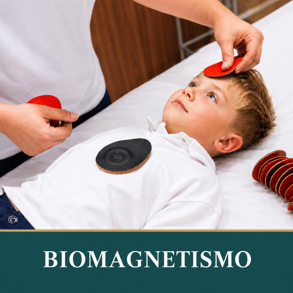Niño recostado en una camilla durante una sesión de biomagnetismo, con imanes sobre la frente y el torso.
