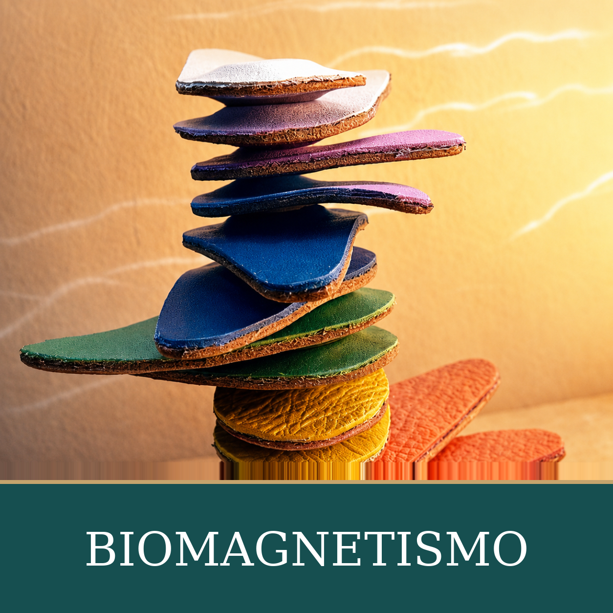 Imanes de distintos colores apilados sobre una superficie de tonos cálidos.