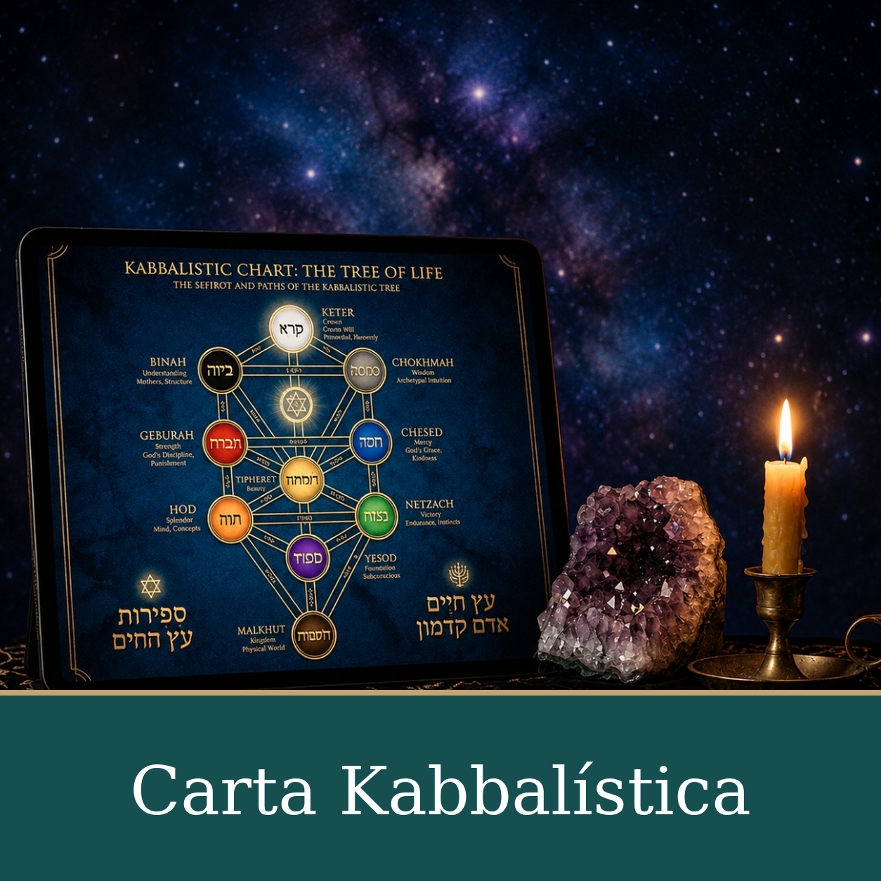 Carta kabbalística con una representación del Árbol de la Vida, junto a una amatista y una vela encendida sobre un fondo estrellado.