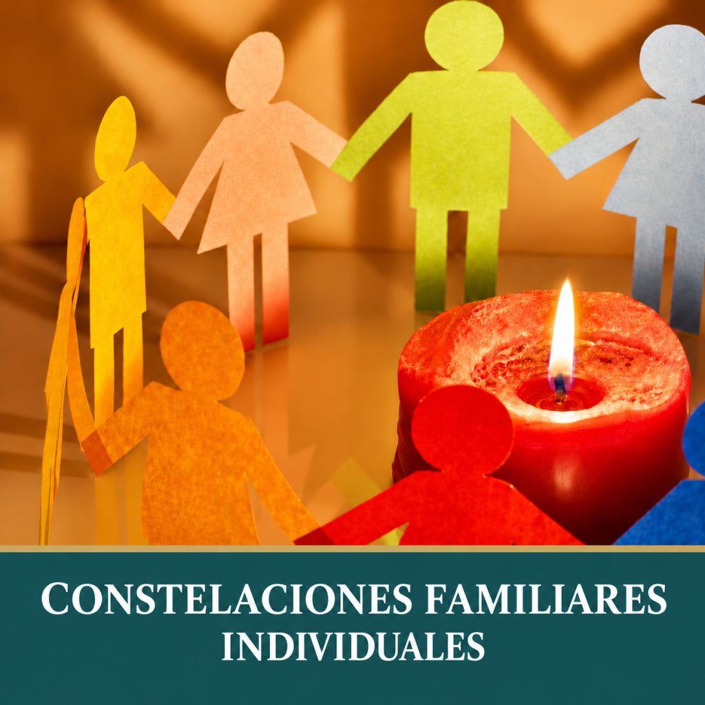 Imagen representativa de Constelaciones Familiares Individuales, con figuras humanas de colores y una vela encendida.
