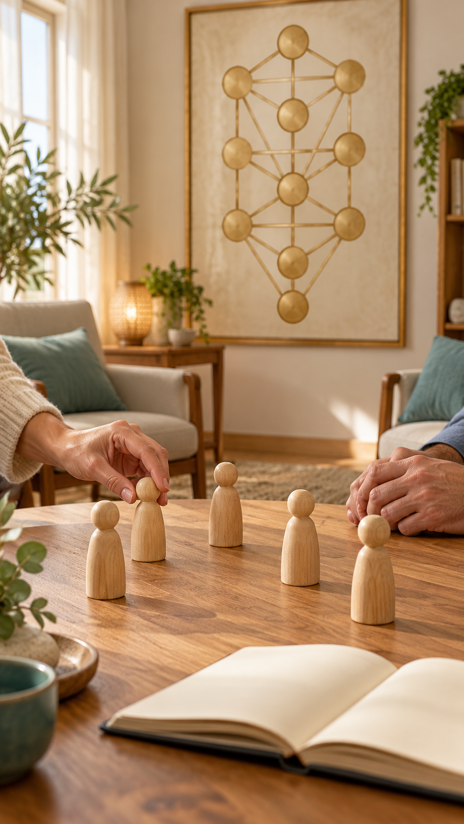 Constelaciones Kabbalísticas: manos organizando figuras de madera sobre una mesa.
