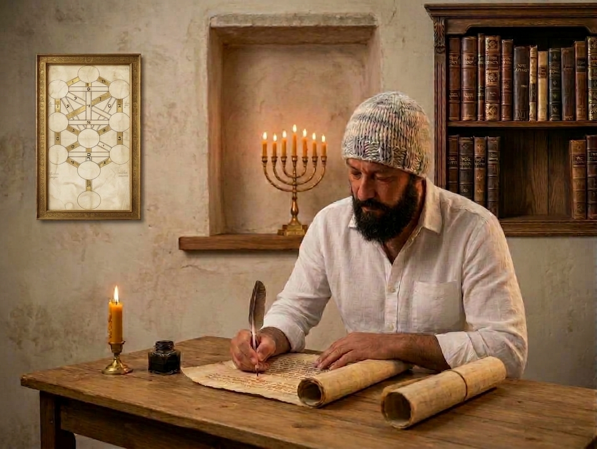 Ilustración de un hombre escribiendo en un pergamino, junto a libros, velas y un cuadro del Árbol de la Vida.