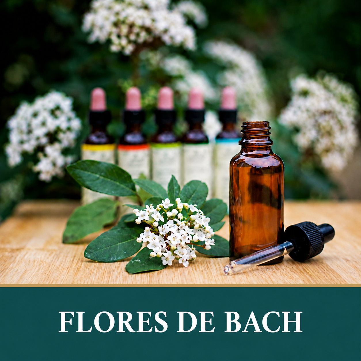 Frasco ámbar con gotero junto a flores blancas y hojas verdes sobre una mesa de madera.