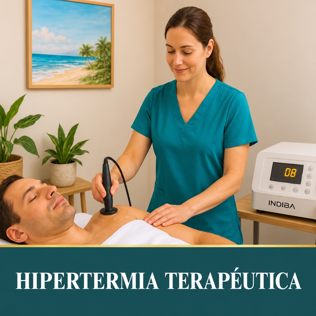 Sesión de hipertermia terapéutica con tecnología INDIBA, aplicada por una terapeuta a un paciente en Centro Ohani.