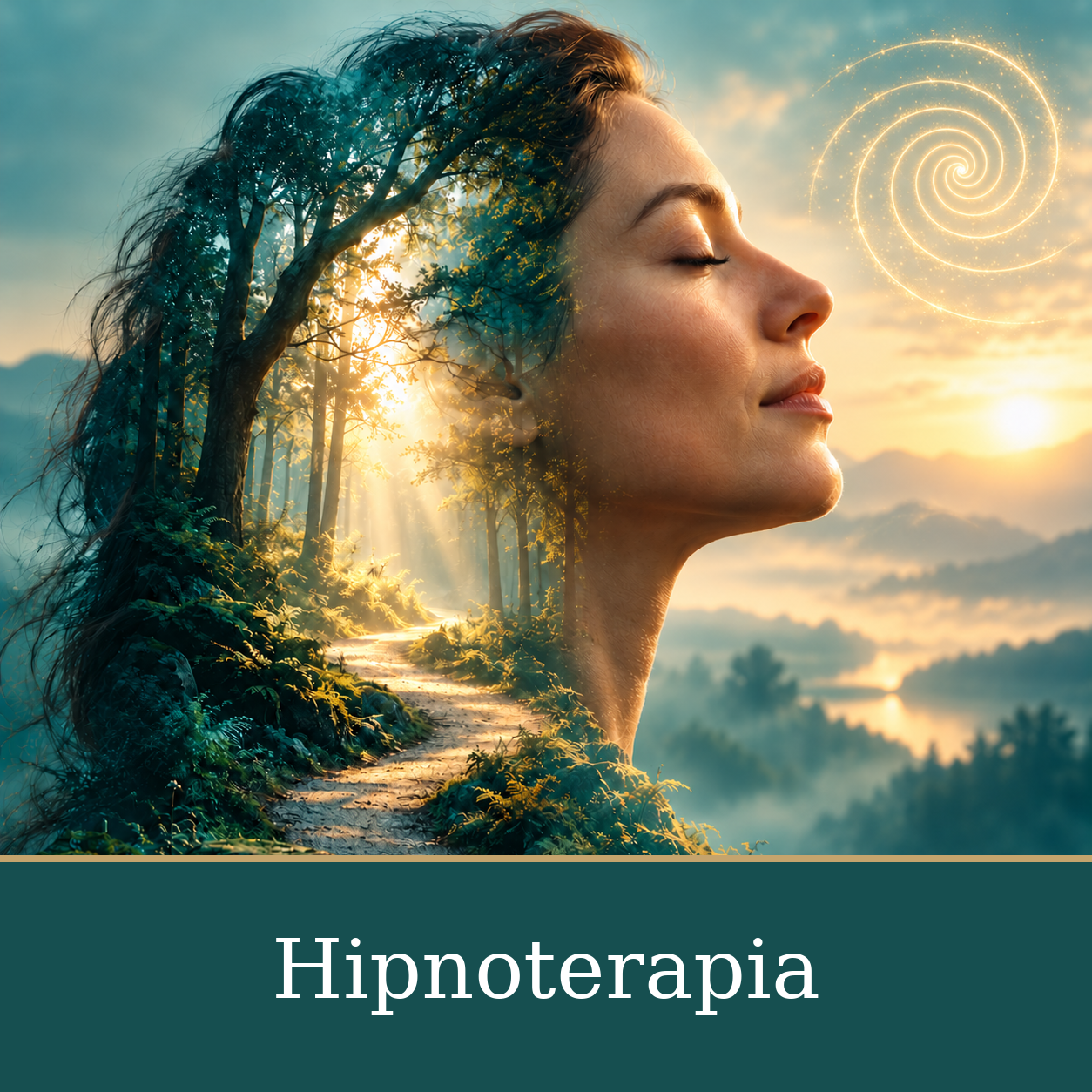 Representación simbólica de la hipnoterapia: mujer con ojos cerrados, un bosque integrado en su perfil y una espiral dorada junto a la frente.