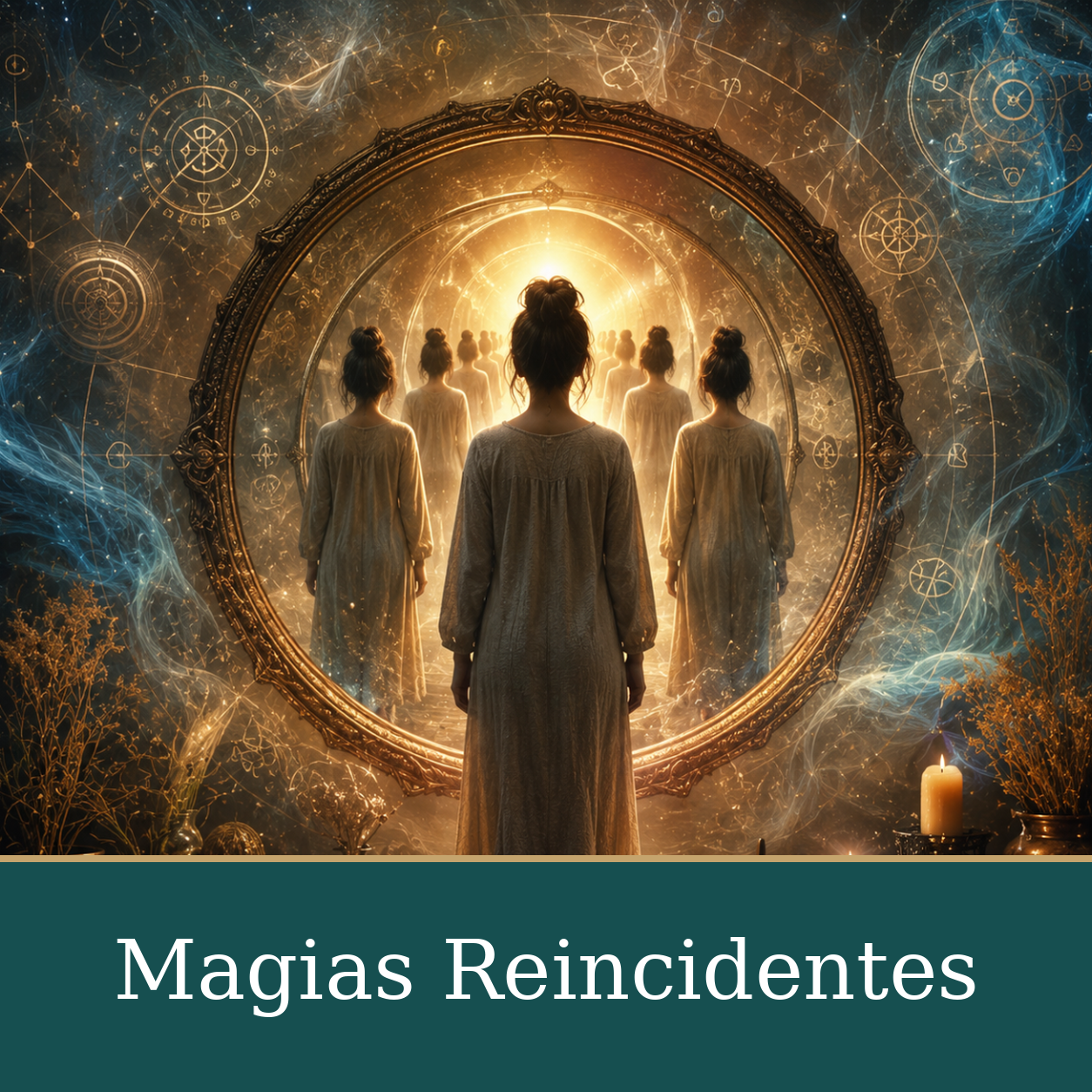 Ilustración fantástica de una mujer frente a un espejo circular con reflejos repetidos, luz dorada y símbolos decorativos.