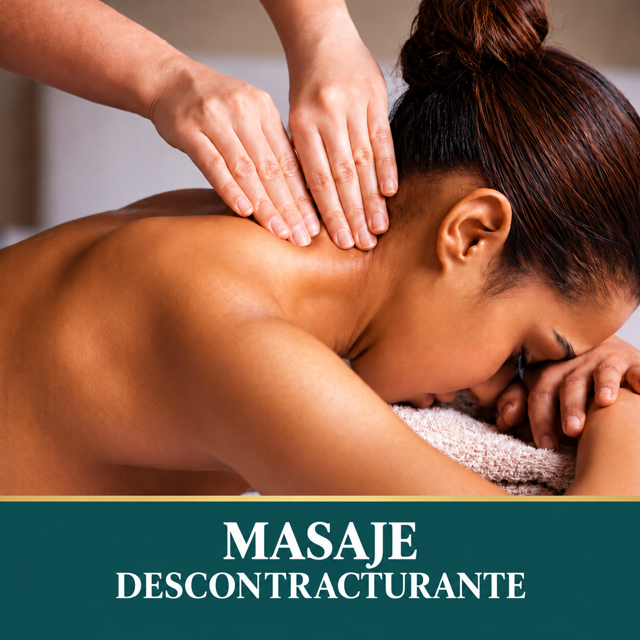 Terapeuta realizando un masaje descontracturante en el cuello y los hombros de una paciente.