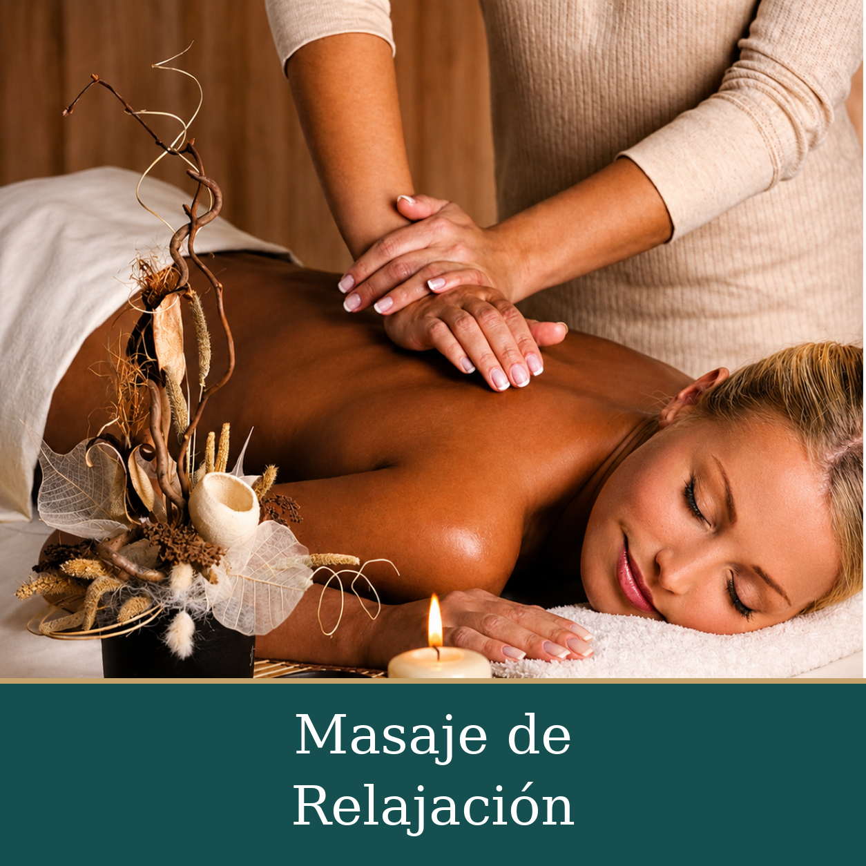 Mujer recibiendo un masaje de relajación en la espalda, recostada en una camilla.