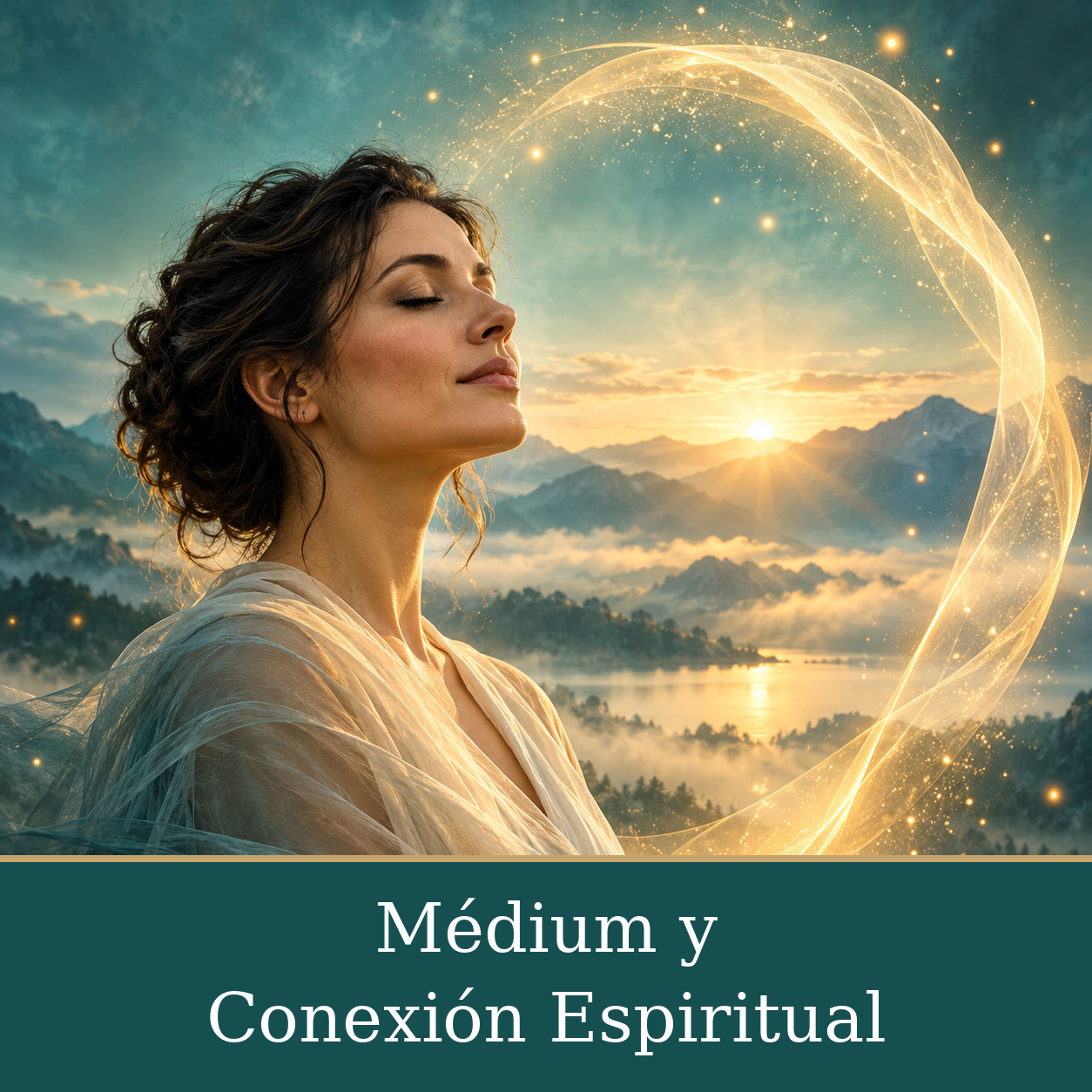 Mujer con los ojos cerrados junto a un arco de luz dorada y un paisaje montañoso, como representación simbólica de conexión espiritual.