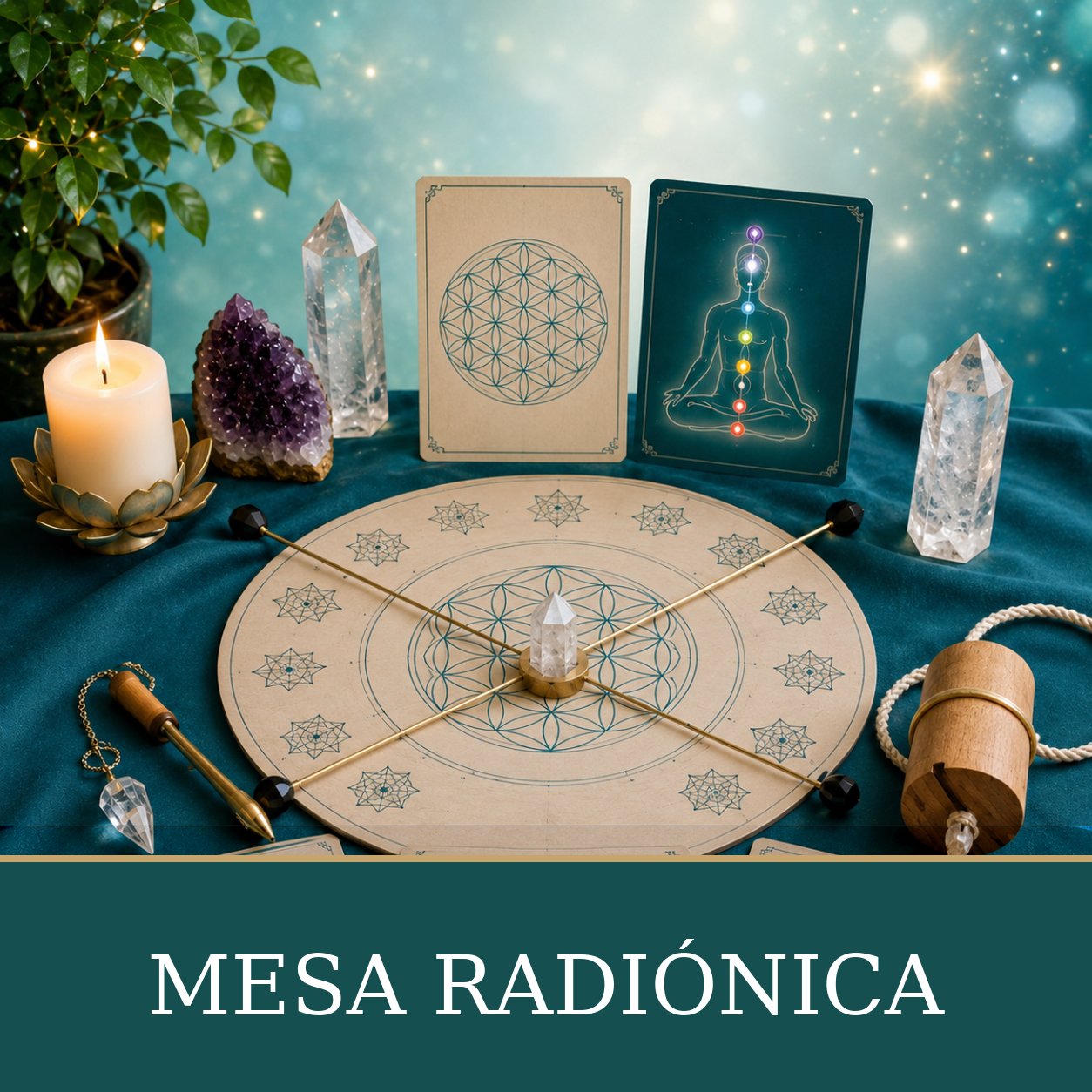 Tablero circular con figuras geométricas, rodeado de péndulos, cuarzos, tarjetas y una vela.