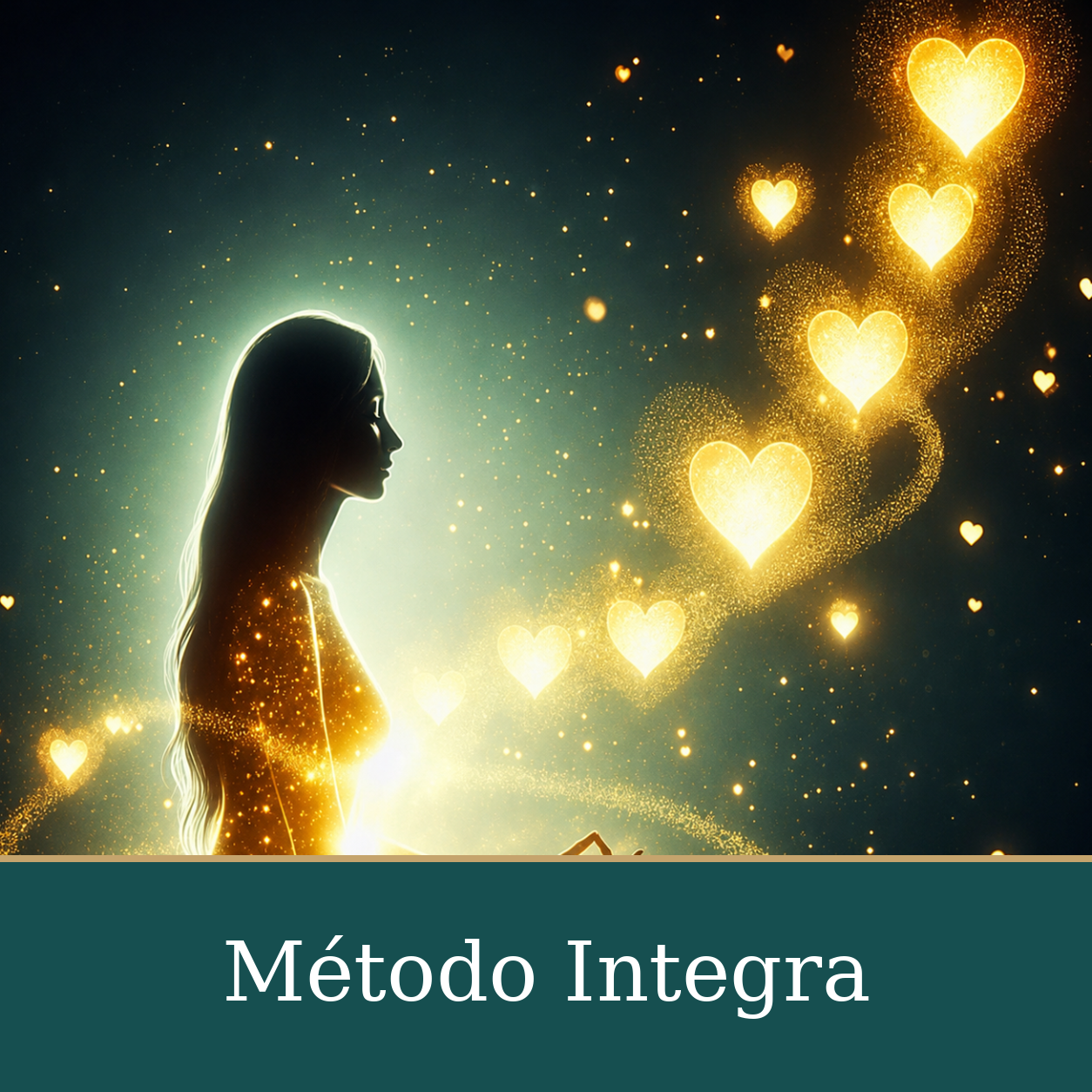 Ilustración de una mujer meditando, rodeada de luz y corazones dorados sobre un fondo oscuro.