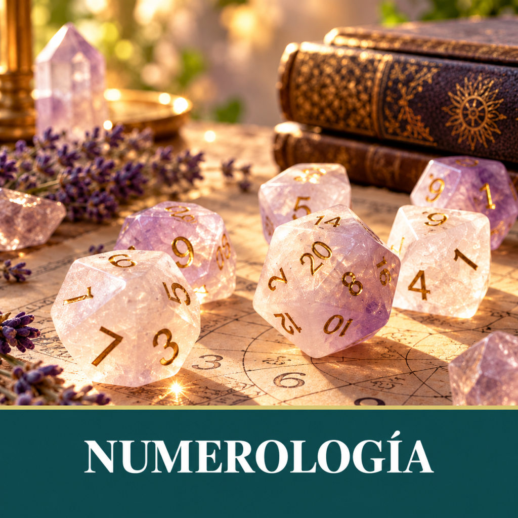 Imagen representativa de Numerología con dados de cristal, números dorados, amatistas y elementos simbólicos.