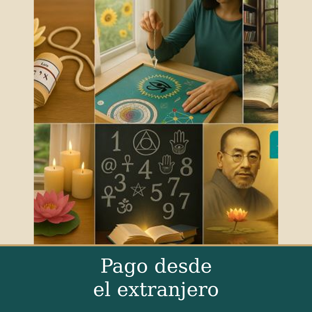 Collage con péndulos, libros, velas y símbolos espirituales, con el título Pago desde el extranjero.