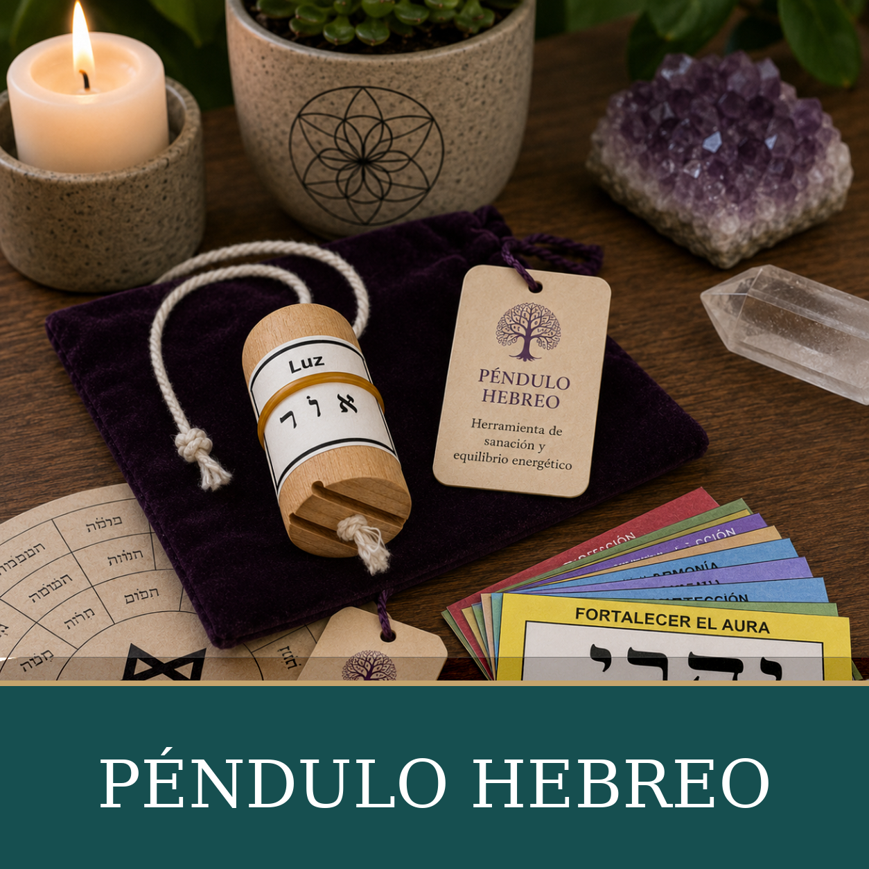 Péndulo cilíndrico de madera con cordón blanco sobre una bolsa violeta, acompañado de tarjetas, cuarzos y una vela.