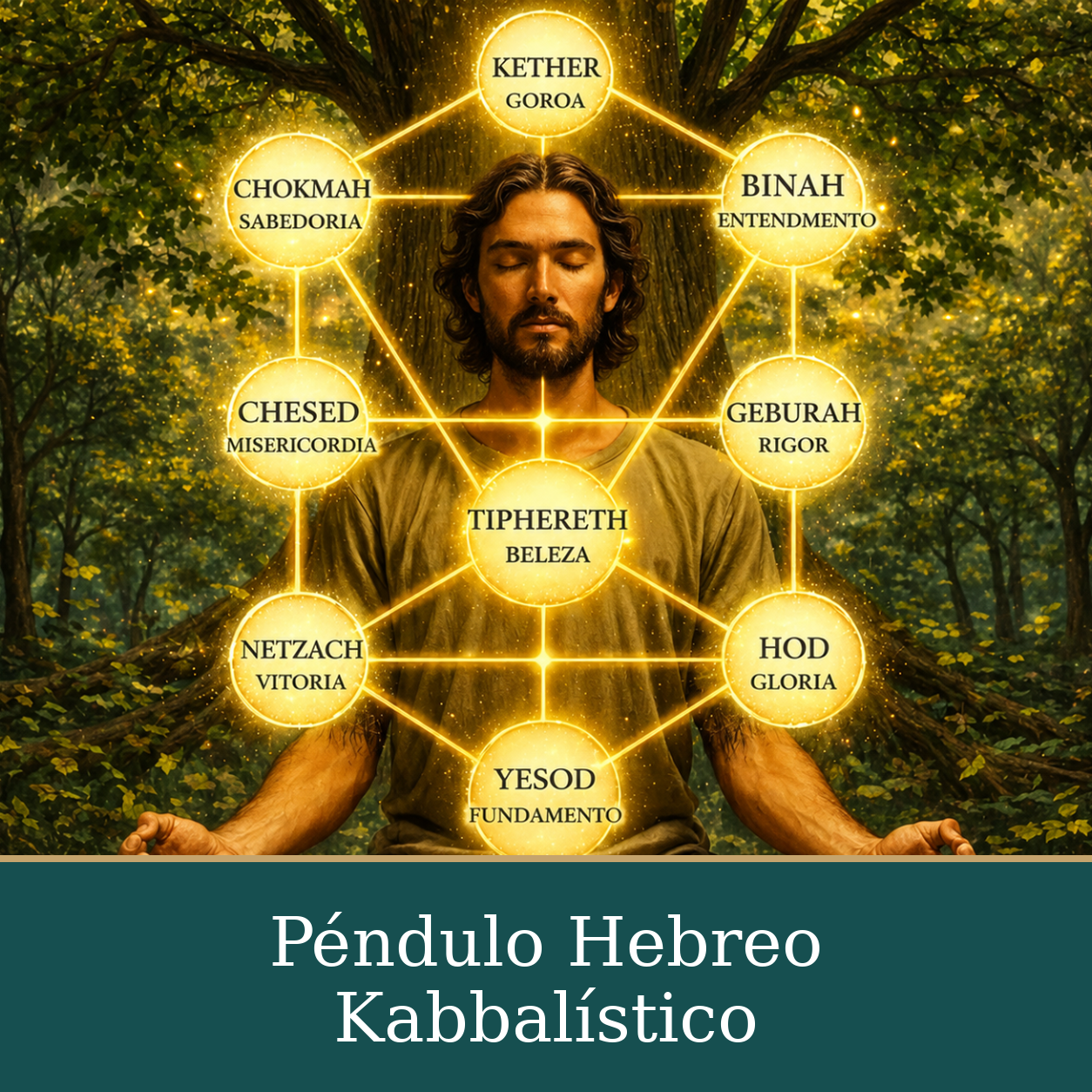 Ilustración de un hombre meditando frente a un árbol, con una representación dorada del Árbol de la Vida superpuesta.