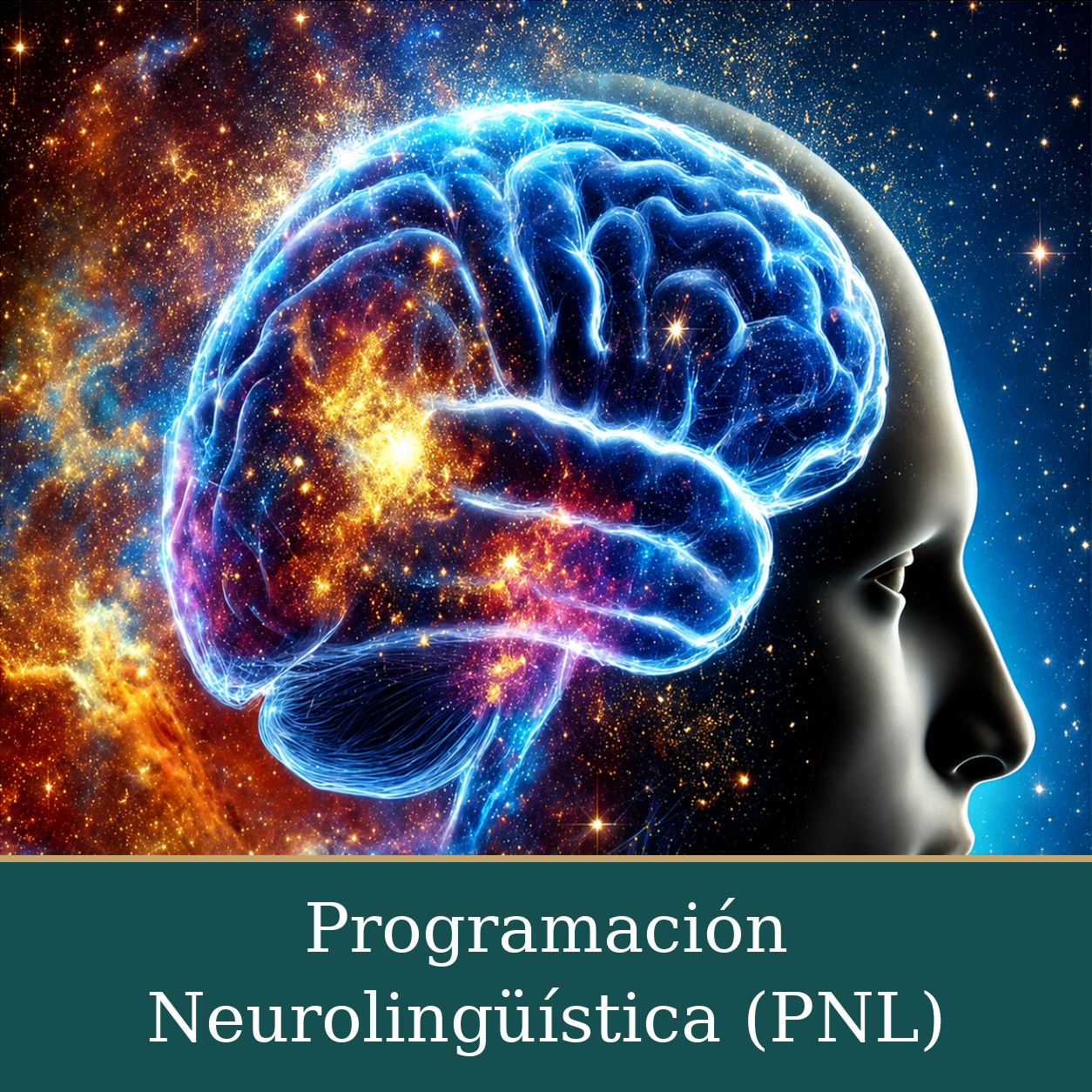 Ilustración conceptual de un perfil humano con un cerebro luminoso azul sobre un fondo de estrellas.