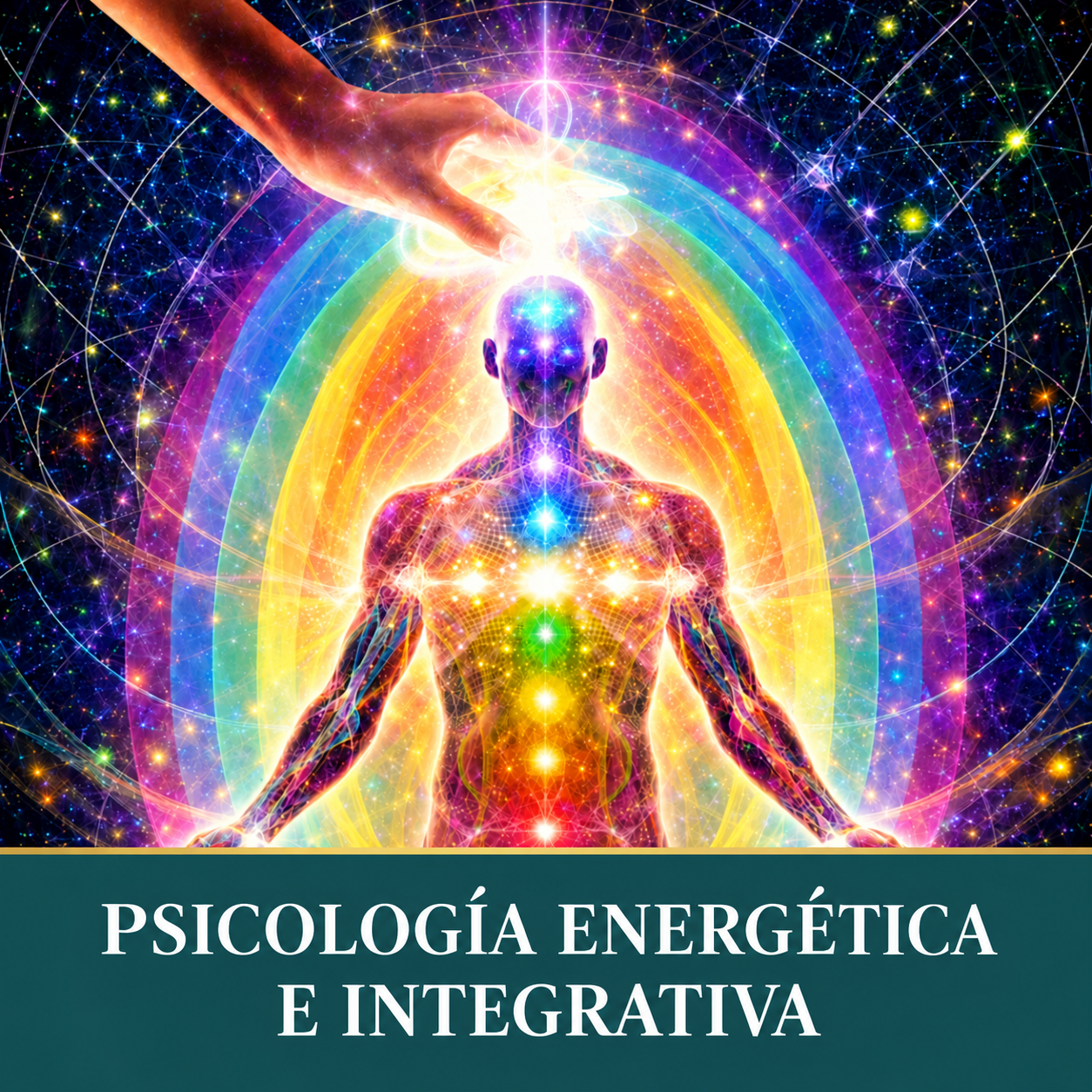 Ilustración de una figura humana rodeada de luces de colores y una mano sobre su cabeza.