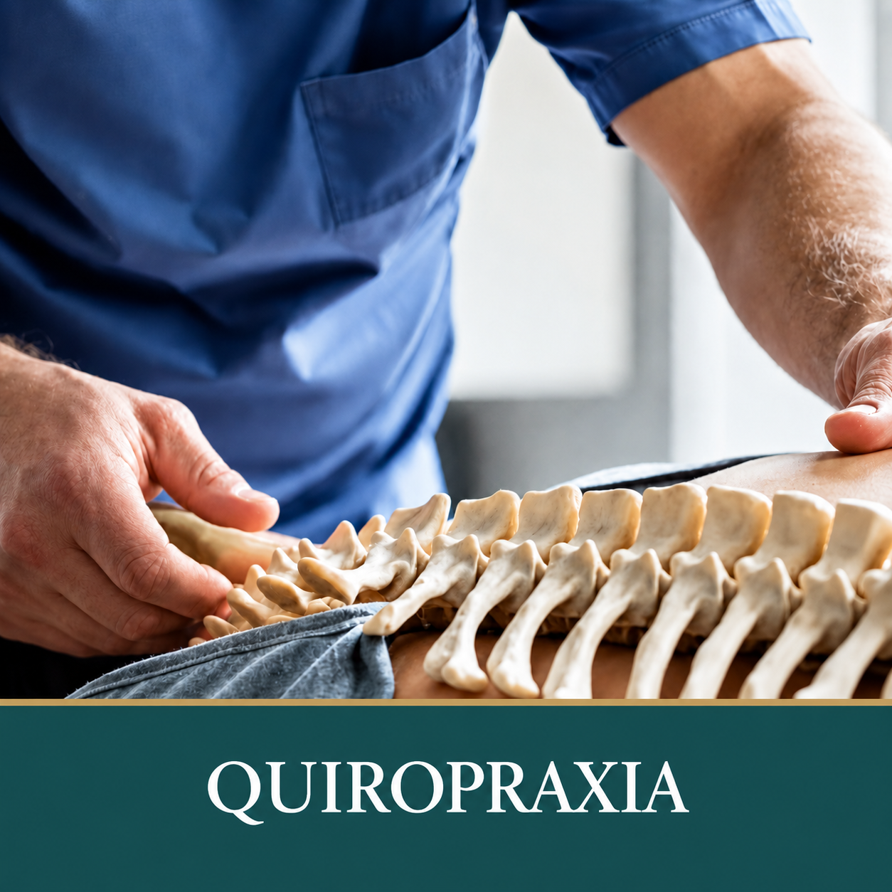 Profesional con uniforme azul junto a un modelo anatómico de columna vertebra