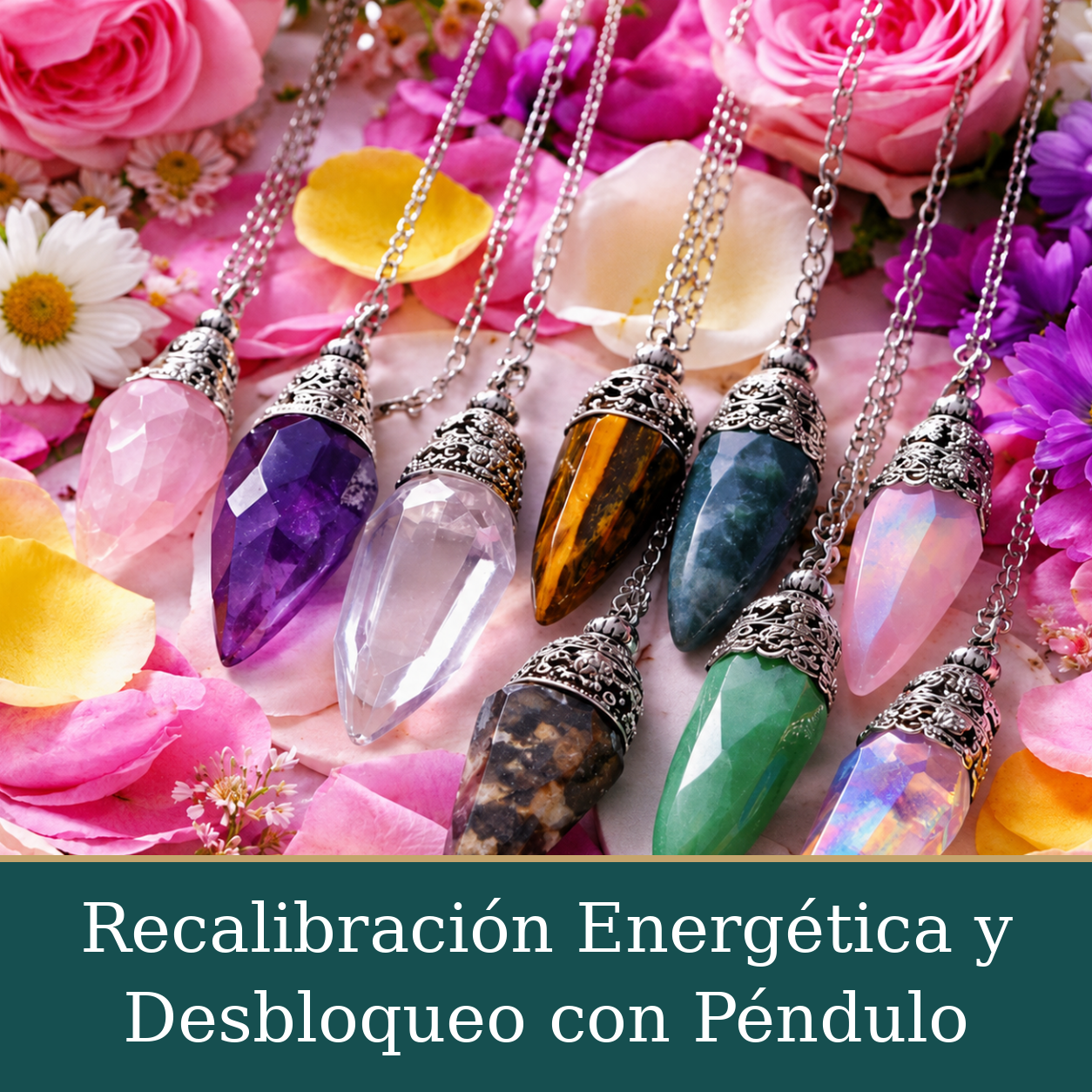 Imagen de recalibración energética con péndulos de piedras de distintos colores sobre flores y pétalos.