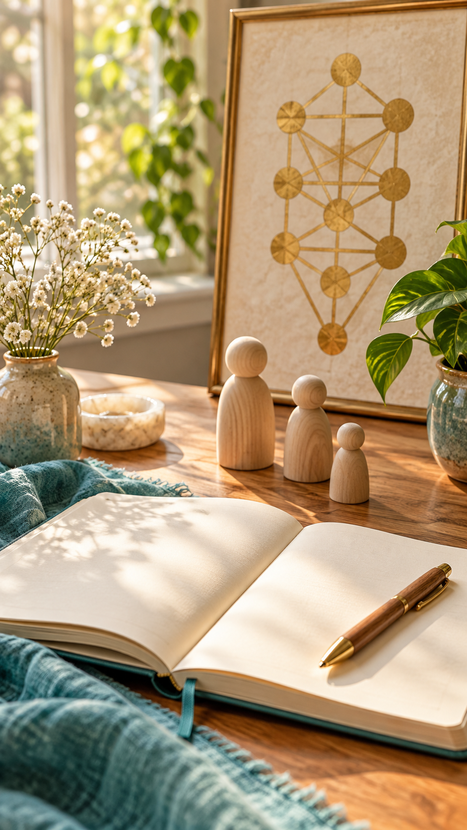 Cuaderno abierto junto a tres figuras de madera, flores blancas y un cuadro dorado del Árbol de la Vida.