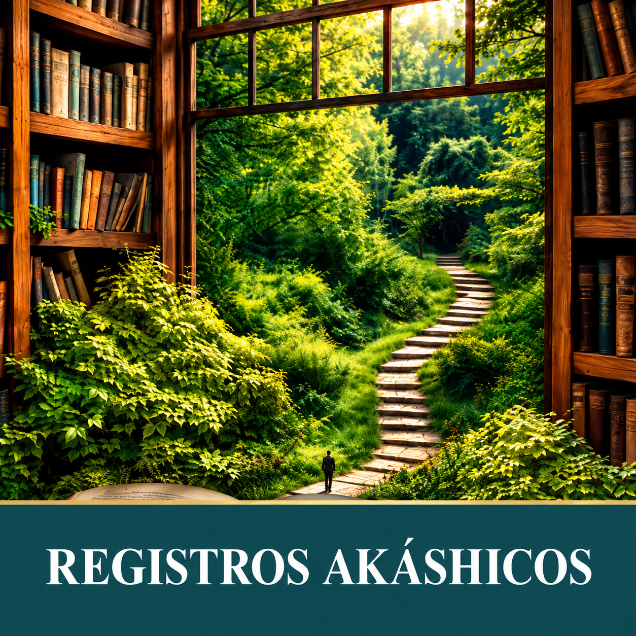 Imagen simbólica de Registros Akáshicos con una biblioteca antigua, libros y un sendero rodeado de naturaleza.