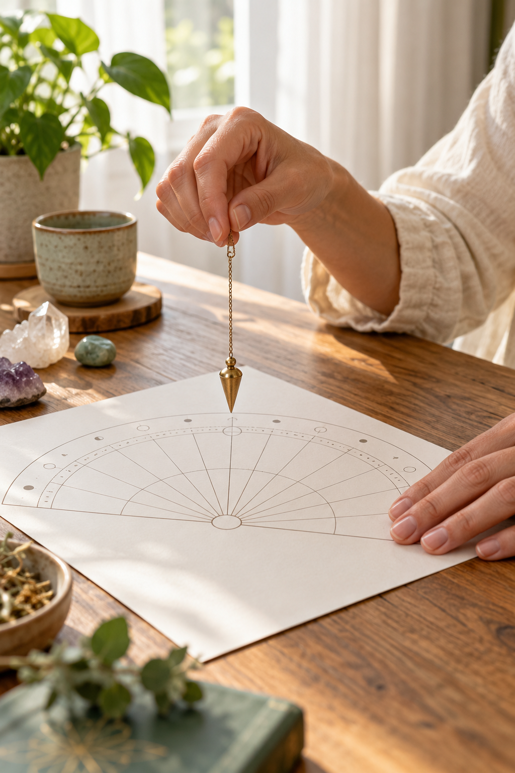Imagen ilustrativa de terapia de respuesta espiritual: manos sosteniendo un péndulo dorado sobre un gráfico semicircular en una mesa de madera.