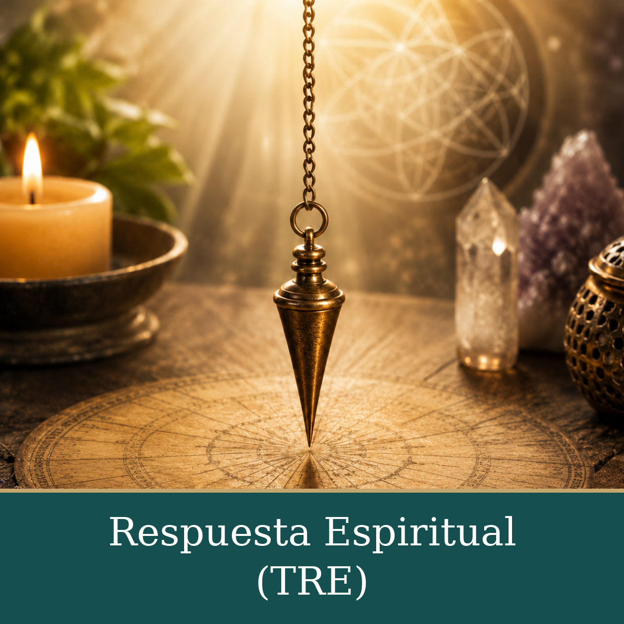 Péndulo dorado suspendido sobre un tablero circular, acompañado de una vela encendida y cristales.