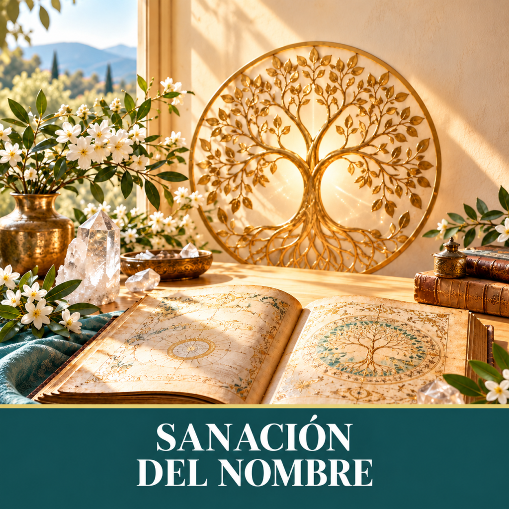 Imagen simbólica de Sanación del Nombre con un árbol de la vida dorado, un libro antiguo abierto, cristales y flores blancas.