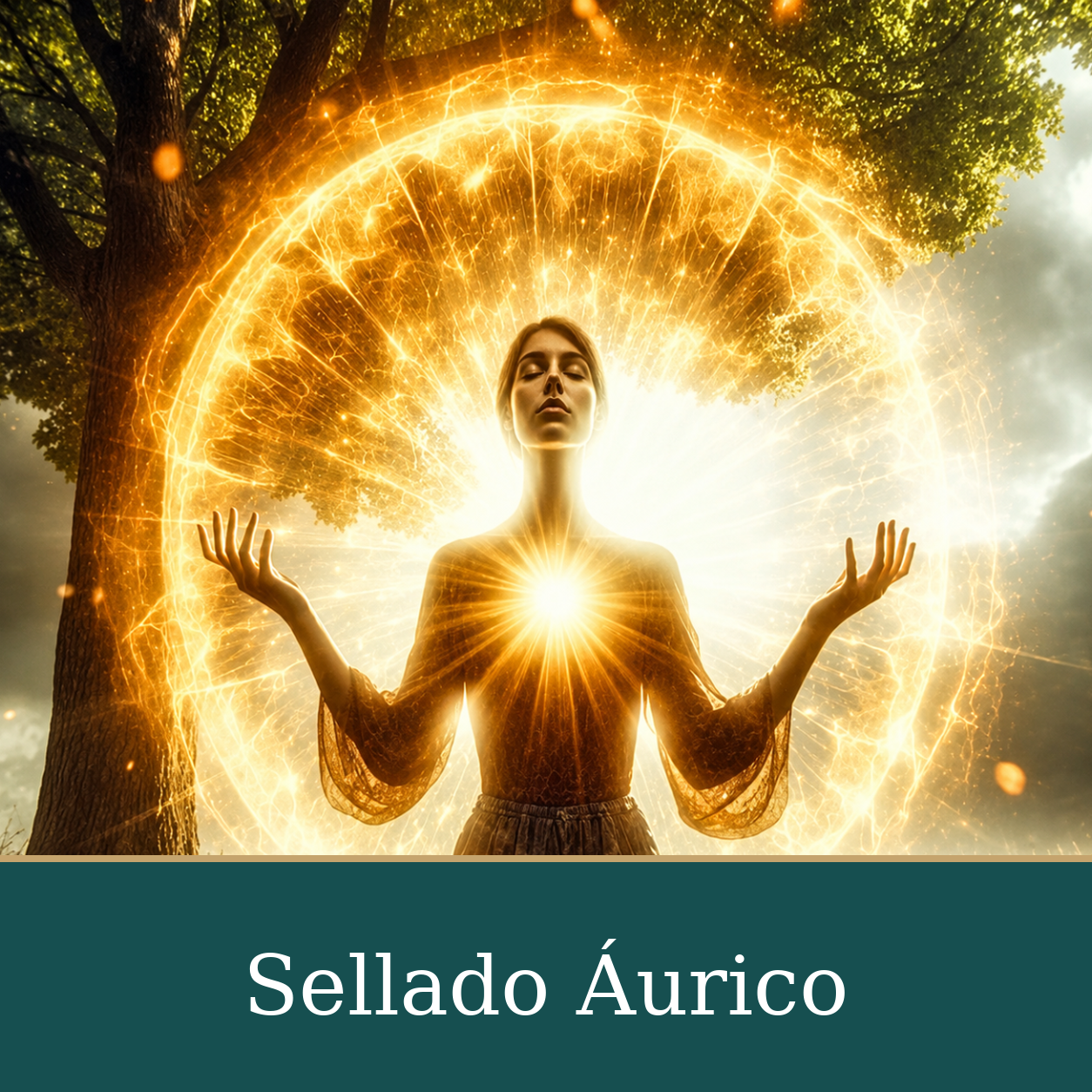 Ilustración simbólica de sellado áurico: mujer con los ojos cerrados y las manos elevadas, rodeada de un círculo de luz dorada junto a un árbol.