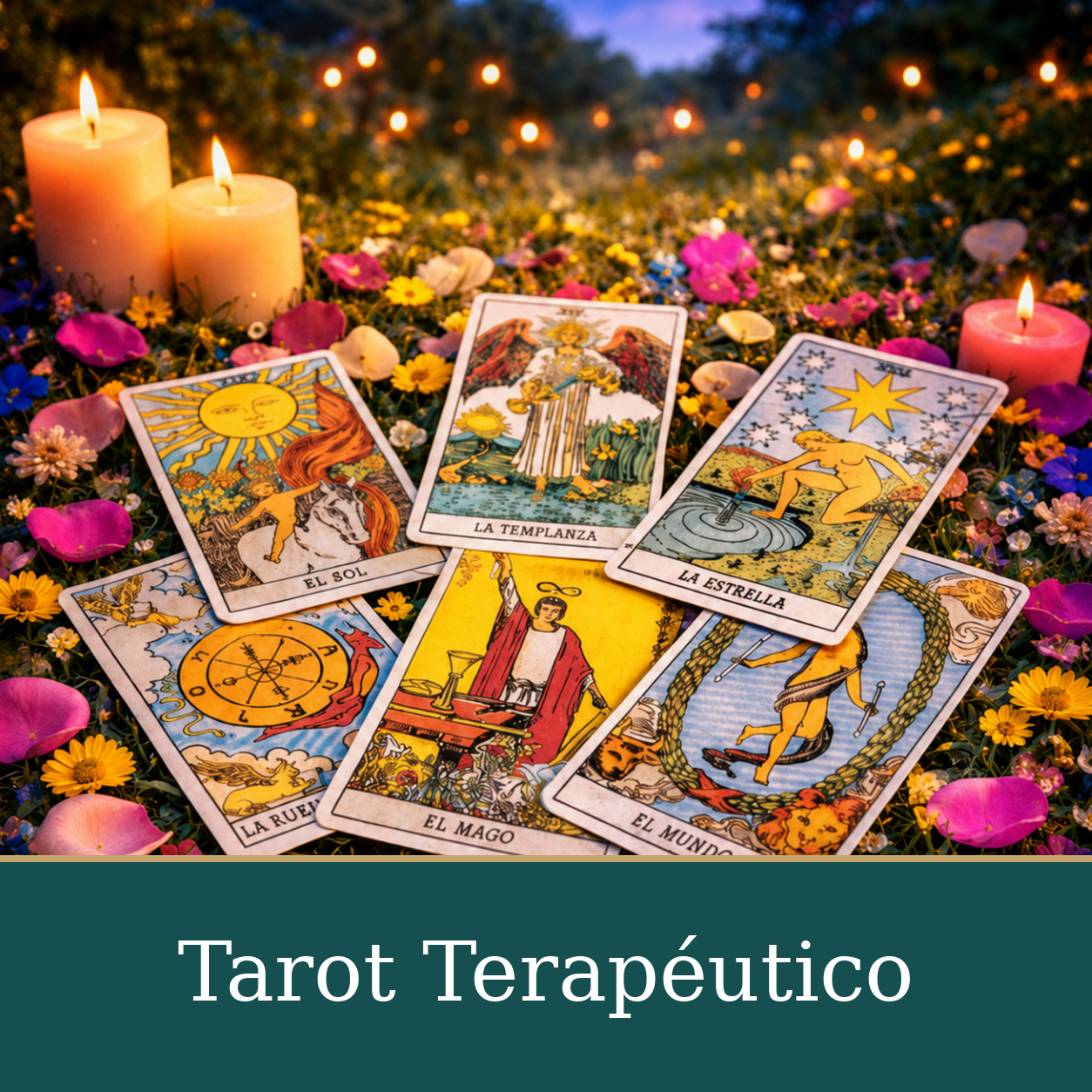 Cartas de tarot distribuidas entre flores y pétalos, con velas encendidas al fondo.