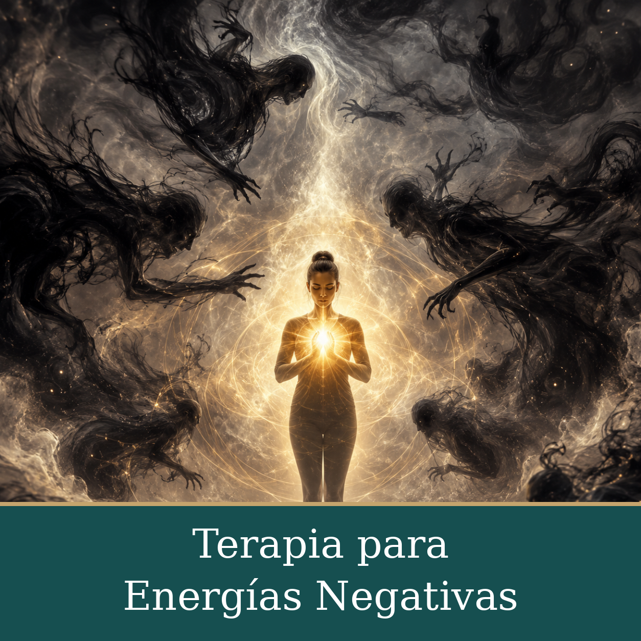 Ilustración fantástica de una mujer rodeada de luz dorada y figuras oscuras entre remolinos de humo.